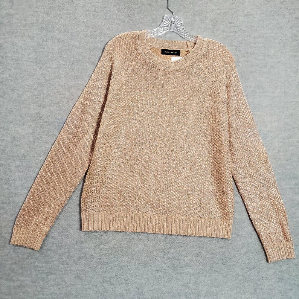Ivanka Trump Women Sweater Brown Metallic Knit Long Sleeve Crew Neck